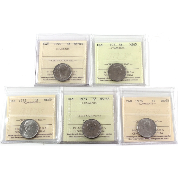 5-cent 1970-1975 ICCS MS65. 5pcs.