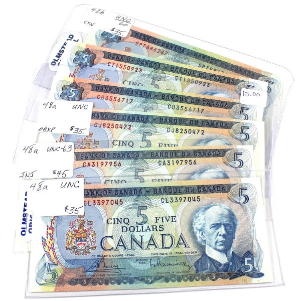 Bulk Lot of BC-48a & BC48b 1972 $5 UNC or Better Lawson-Bouey & Bouey-Rasminsky. 6pcs.