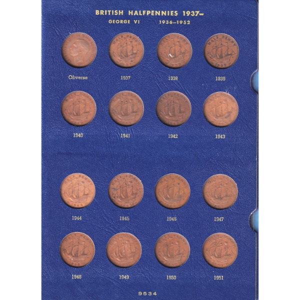 Great Britain Halfpenny 1937-1967 Bulk Collection in Whitman Folder. 32pcs. 
