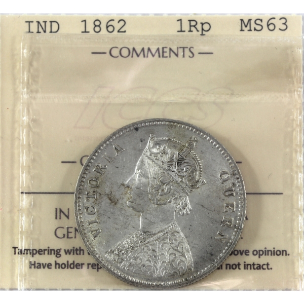 India Silver 1862 1 Rupee ICCS MS63