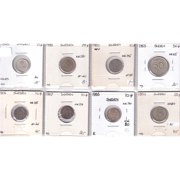 Bulk Collection Sweden 1920-1954 Mixed Denomination in 12-Pocket Sheet. 8pcs
