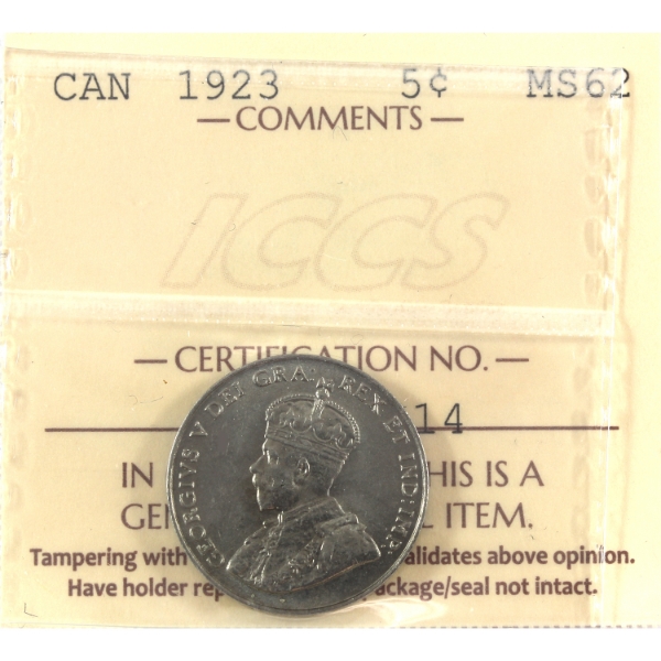 5-cent 1923 ICCS MS62