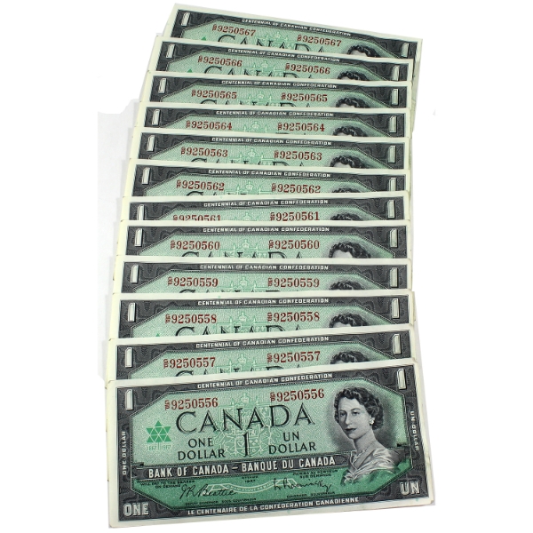 12x BC-45b-i 1967 $1 Consecutive Beattie-Rasminsky SN: G/P9250556-"67. 12pcs.