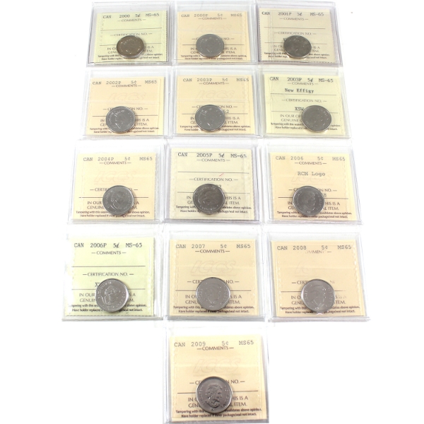 5-cent 2000-2009 ICCS MS65. 13pcs.