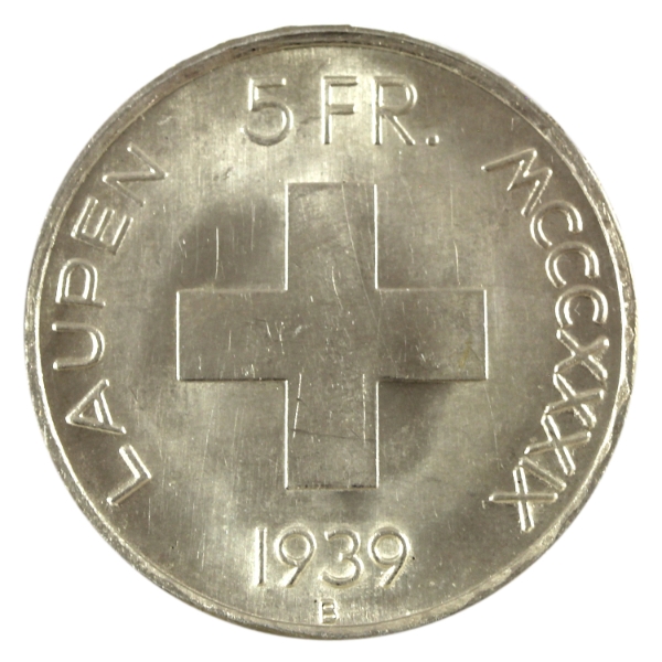 Switzerland Silver 1939B 5 Francs 600th Anni. Battle of Laupen BU (Scratched)