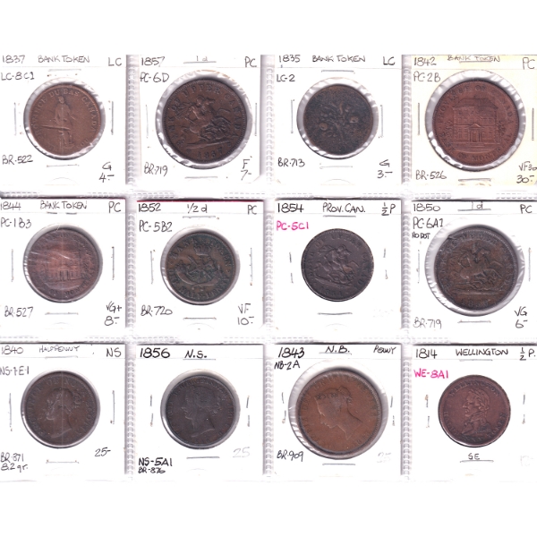 Bulk Lot of 1814-1857 Penny & Half Penny Tokens G to VF30 in 12-Pocket Sheet. 12pcs