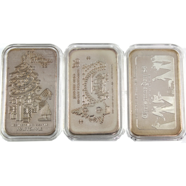 3x 1oz National Refiners 1986-1988 Christmas .999+ Silver Art Bars. 3pcs. (Tax Exempt)