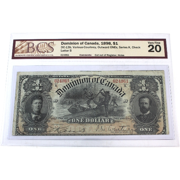 ERROR DC-13b 1898 $1 Outward ONEs, Series K BCS VF20 Cut out of Register, Various-Courtney