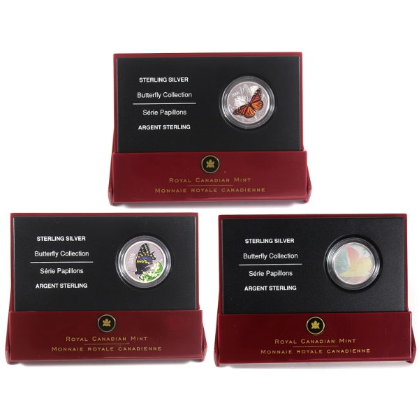 2005 & 2006 Butterflies of Canada Sterling Silver Coins. 3pcs.