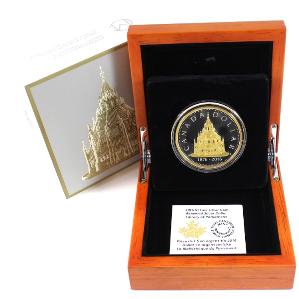 2016 $1 Renewed Silver Dollar - Library of Parliament Fine Silver Coin w/ Selective Gold Plating 