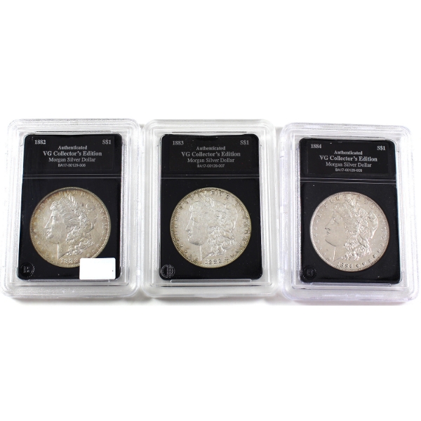 USA Silver 1882, 1883 & 1884 Morgan Dollar Bradford Authenticated. 3pcs.