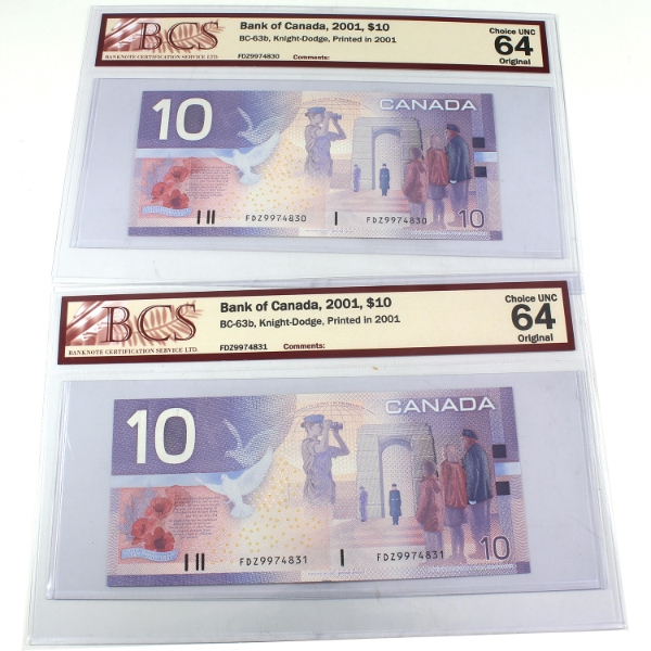 BC-63b 2001 $10 Consecutive BCS CUNC64 Original Knight-Dodge Printed in 2001 SN:FDZ9974830-"31. 2pcs