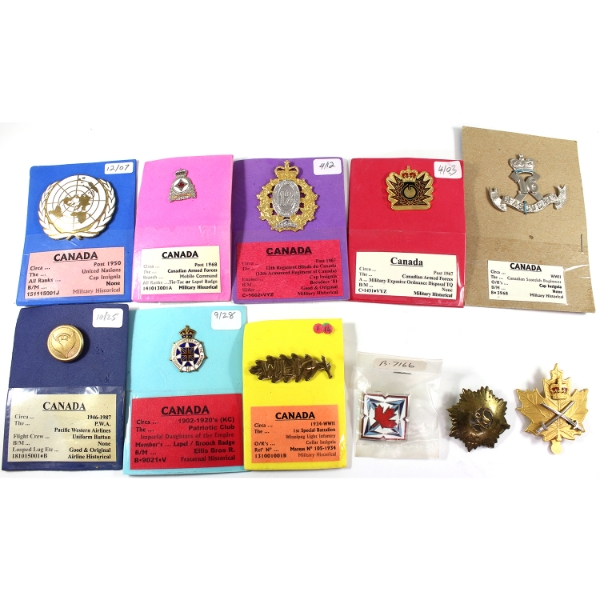 Group Lot of 11x Canada Cap Badges, Lapel Pins & Uniform Buttons/Badges. 11pcs