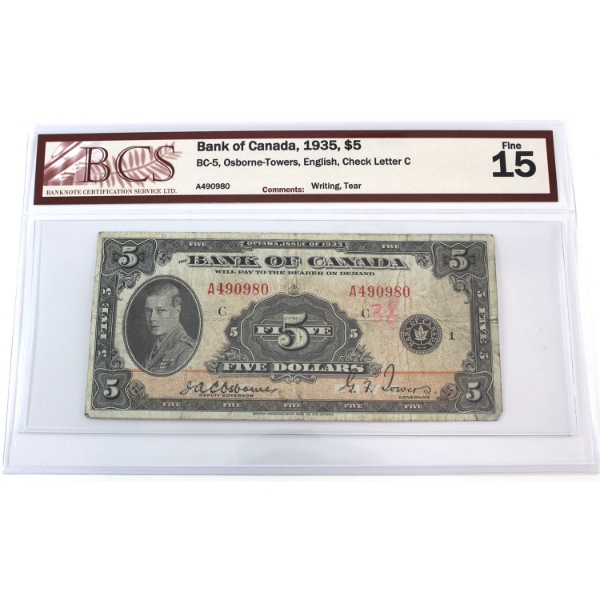 BC-5 1935 $5 English BCS F15 Osborne-Towers Check Letter C SN: A490980  