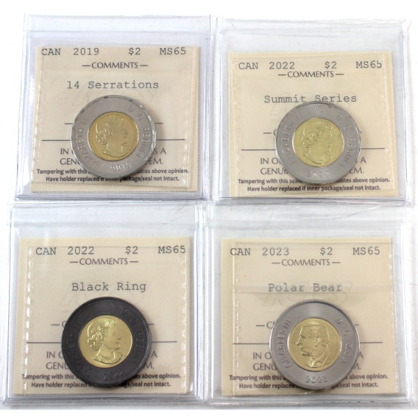 $2 2019 14 Serrations, 2022 Summit Series, 2022 Black Ring & 2023 Polar Bear ICCS MS65. 4pcs. 