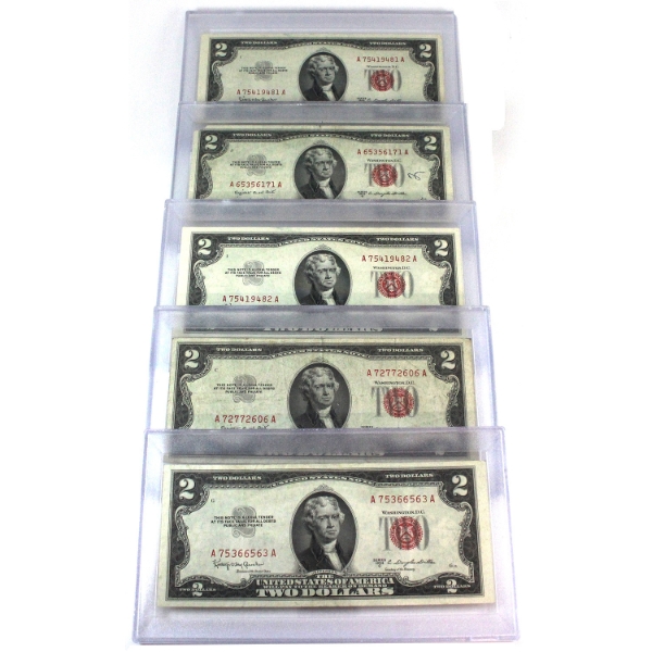 Group Lot of 5x USA 1953 $2 Banknotes. 5pcs. Sold as is