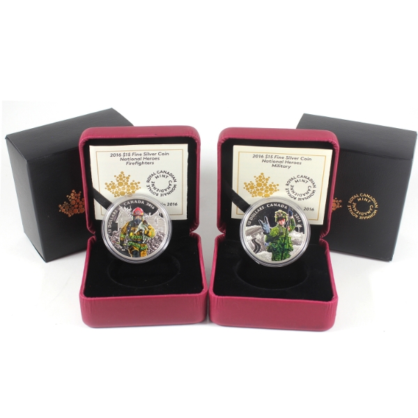 2016 $15 National Heroes- Military & Firefighters 23.17g .9999 Fine Silver Coins. 2pcs. (Tax Exempt)