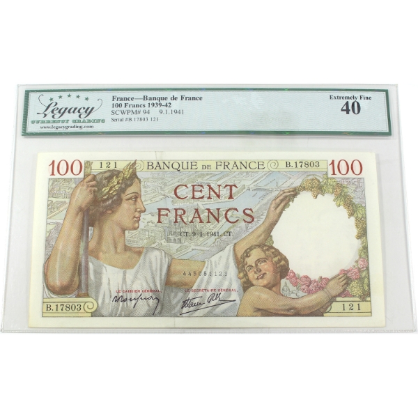 France 1939-42 Pick-94 Banque de France 100 Francs Legacy EF40 SN: B. 17803 121