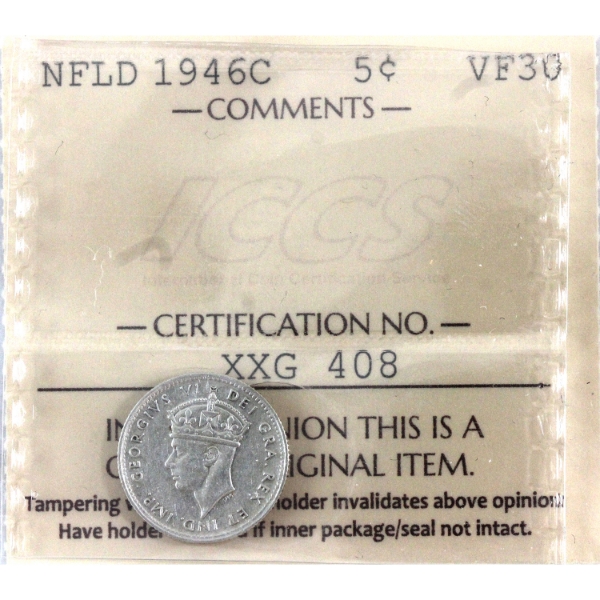 Newfoundland 5-cent 1946C ICCS VF30 *Scarce!*