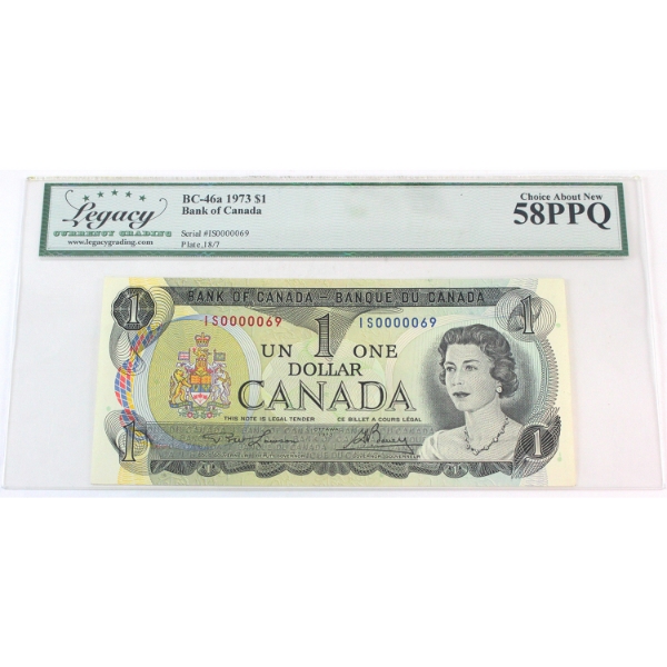 BC-46a-N5-iii 1973 $1 Low Serial # IS0000069 Legacy AU58 PPQ Lawson-Bouey