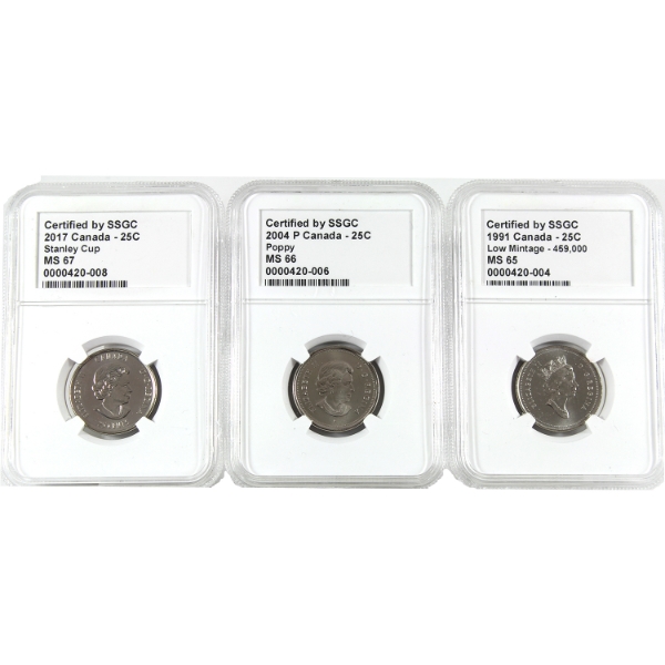 25-cent 1991-2017 SSGC MS65 to MS67. 3pcs.