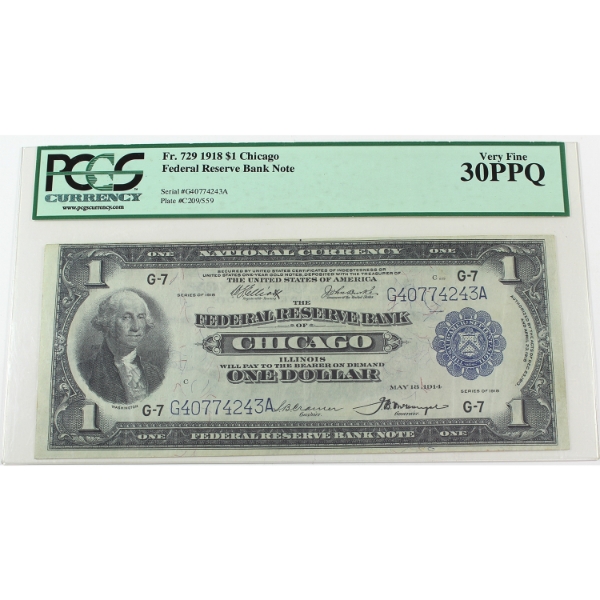 USA 1918 FR-729 Chicago, Illinois $1 PCGS VF30 PPQ Elliot-Burke SN: G40774243A