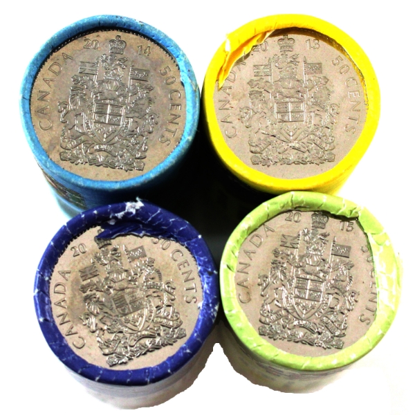 *50-cent 2013, 2014, 2015 & 2016 Special Wrap Rolls of 25pcs. 4 Rolls. 
