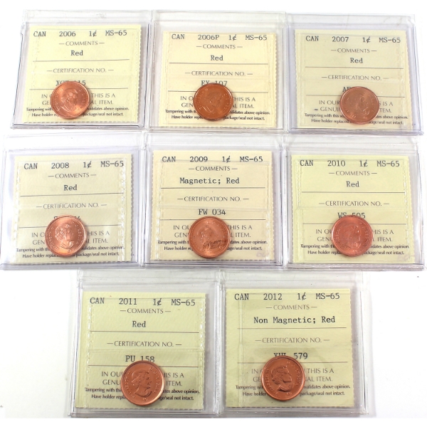 1-cent 2006-2012 ICCS MS65 Red. 8pcs