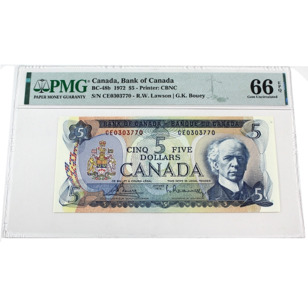 BC-48a 1972 $5 PMG GEM UNC66 EPQ Lawson-Bouey SN: CE0303770