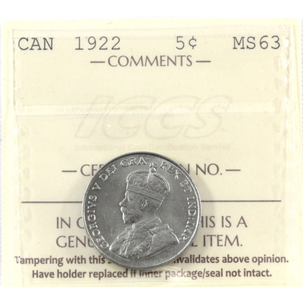 5-cent 1922 Near Rim ICCS MS63