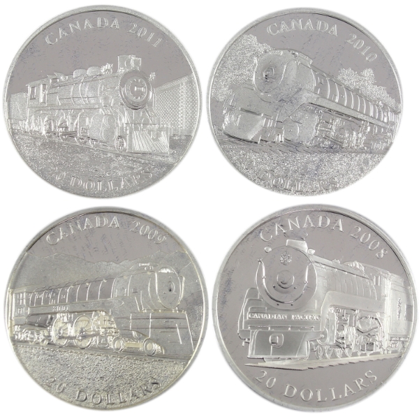 2008-2011 $20 Canadian Locomotives 1oz .9999 Fine Silver Coins. 4pcs. (Tax Exempt)