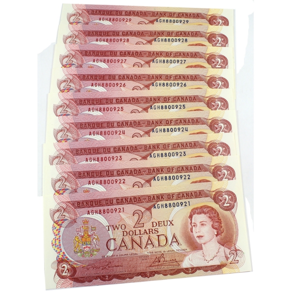 9x BC-47a-i 1974 $2 Consecutive UNC Lawson-Bouey SN: AGH8800921-"29. 9pcs.