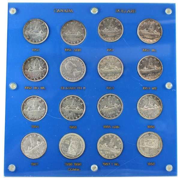 1950-1958 Canada Silver Dollars in vintage custom holder. 16pcs
