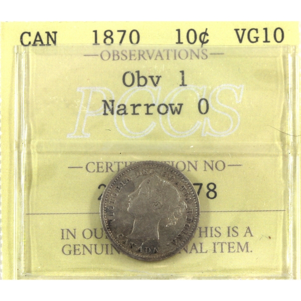 10-cent 1870 Obverse 1 Narrow 0 PCCS (Professional Coin Certification System) VG10