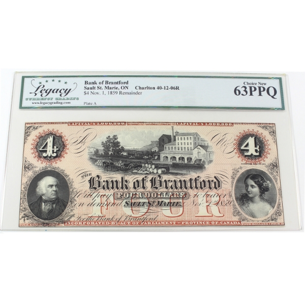 40-12-06R 1859 $4 The Bank of Brantford Remainder Legacy CUNC63 PPQ Payable at Sault St. Marie