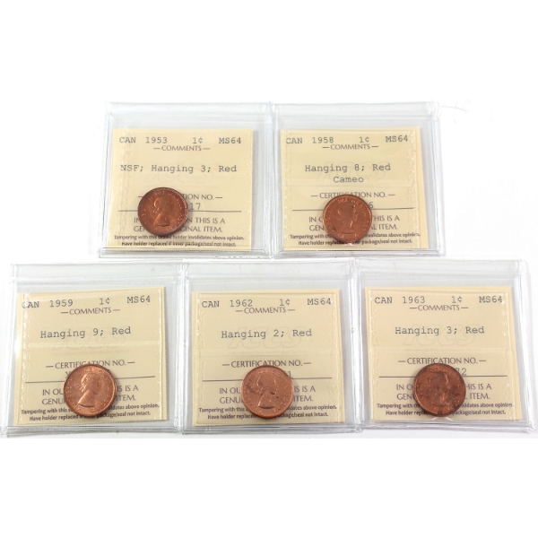 1-cent 1953-1963 Hanging Varieties ICCS MS64 Red. 5pcs.
