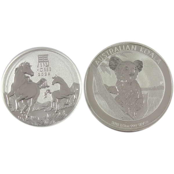 2x 1/2oz Australia 50-cent 2015 Koala & 2026 Year of the Horse .999 Fine Silver Rounds. 2pcs.