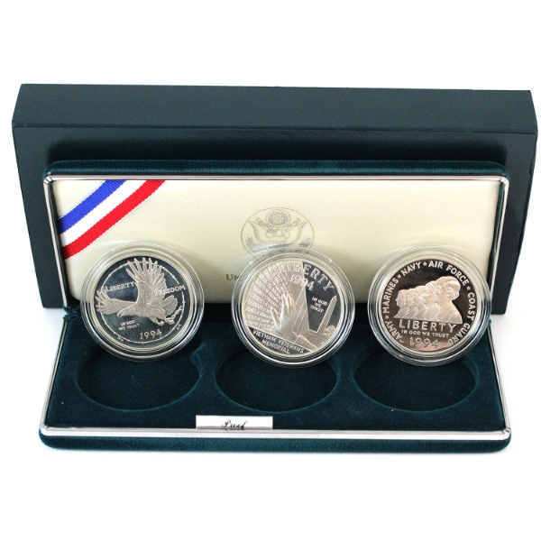 USA 1994 US Veterans Commemorative Silver Dollars 3-coin Proof Set in Original Packaging w/ COA
