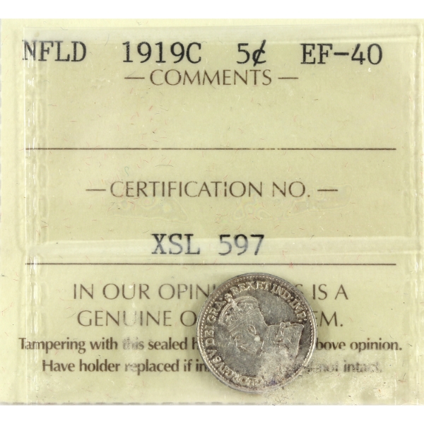 Newfoundland 5-cent 1919C ICCS EF40