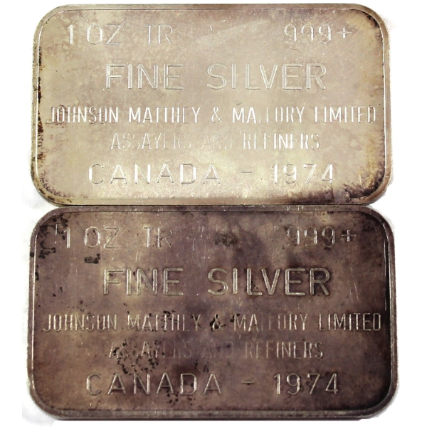2x 1oz Johnson Matthey & Mallory Limited Assayer and Refiners CANADA-1974 Silver Bars. 2pcs.