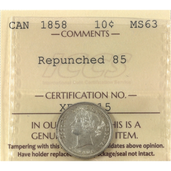 10-cent 1858 Repunched 85 ICCS MS63