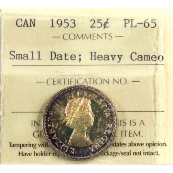 25-cent 1953 Small Date ICCS PL65 Heavy Cameo
