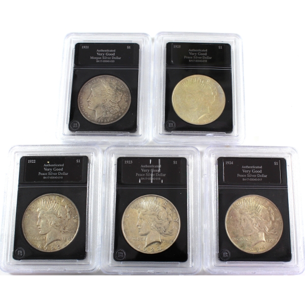 Group Lot of USA Silver 1921-1925 Morgan & Peace Dollars Bradford Authenticated VG. 5pcs.