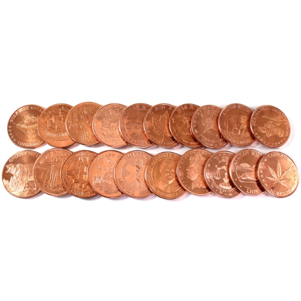 20x 1oz Assorted .999 Fine Copper Rounds in Tube. 20pcs.