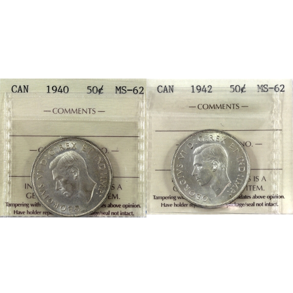 50-cent 1940 & 1942 ICCS MS62. 2pcs