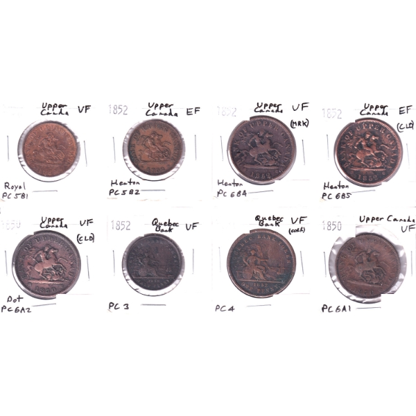 Group Lot of 8x Upper Canada & Quebec Bank Tokens VF or EF. 8pcs