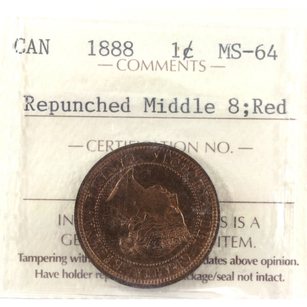 1-cent 1888 Repunched Middle 8 ICCS MS64 Red
