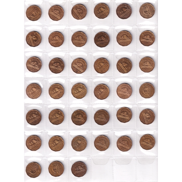 Bulk Lot of 5-cent 1942 Tombac Mint State in 42-Pocket Sheet. 39pcs.