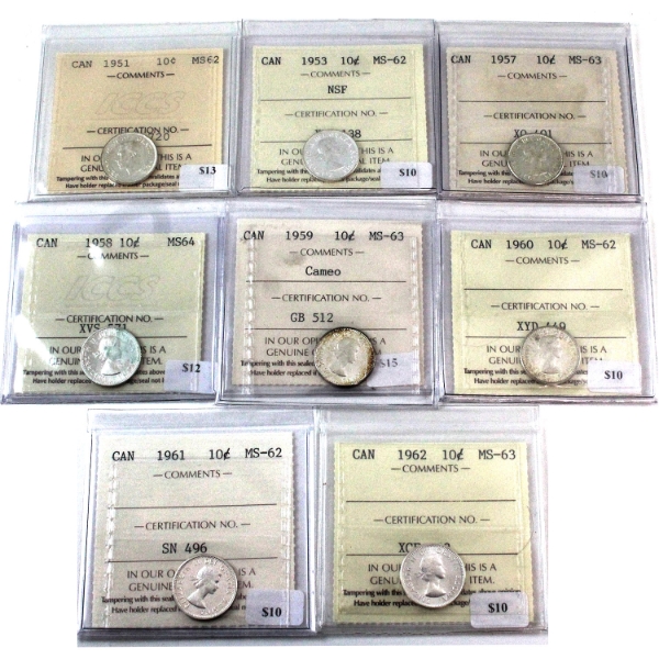 10-cent 1951, 1953 NSF, 1957, 1958, 1959 Cameo, 1960, 1961 & 1962 ICCS MS62 to MS64. 8pcs