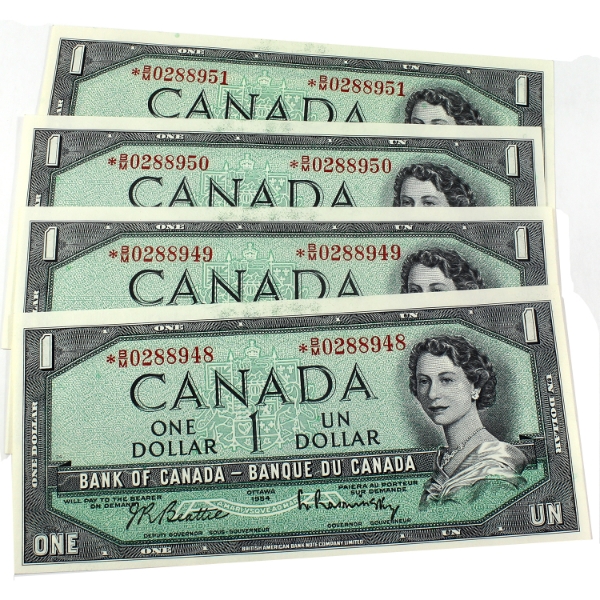 4x BC-45bA-i 1967 $1 Consecutive Beattie-Rasminsky SN:*B/M0288948-"51. 4pcs.